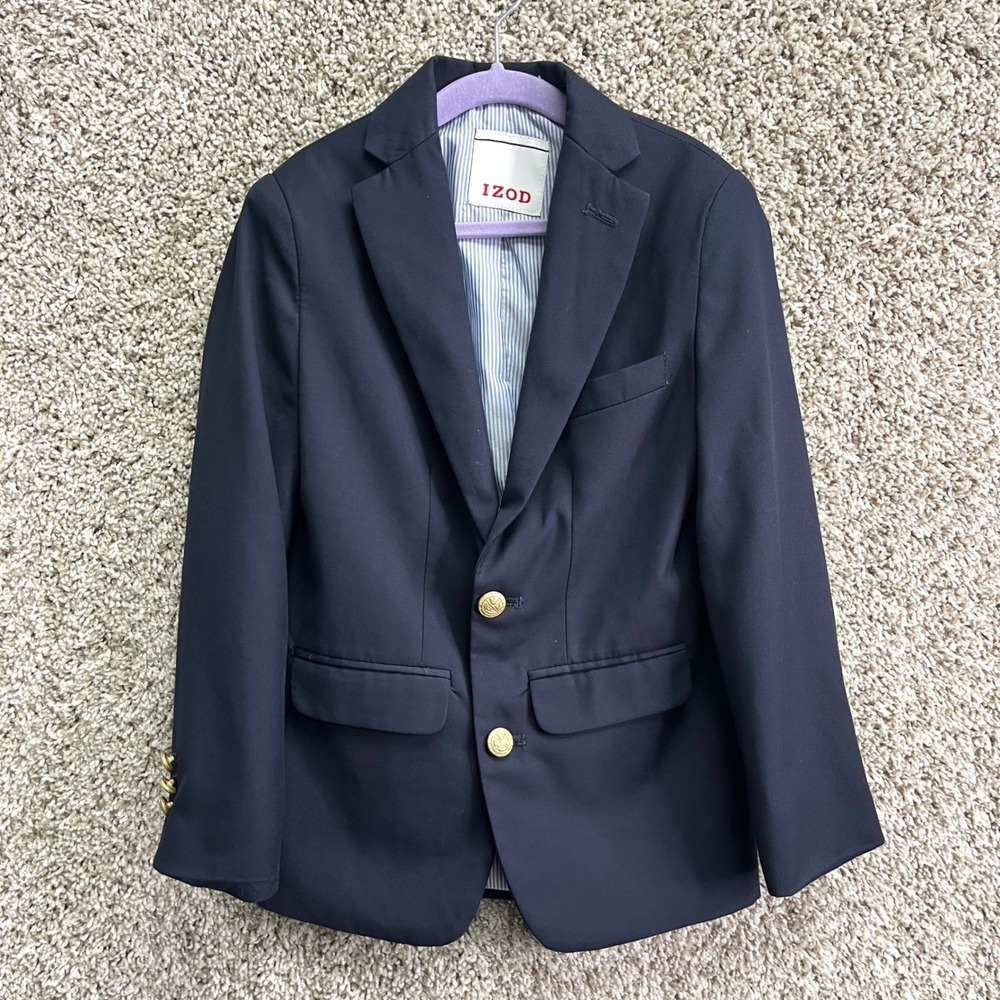 IZOD‎ Blazer Boys 8 Navy Blue Two-Button Gold Crest Button Suit Jacket